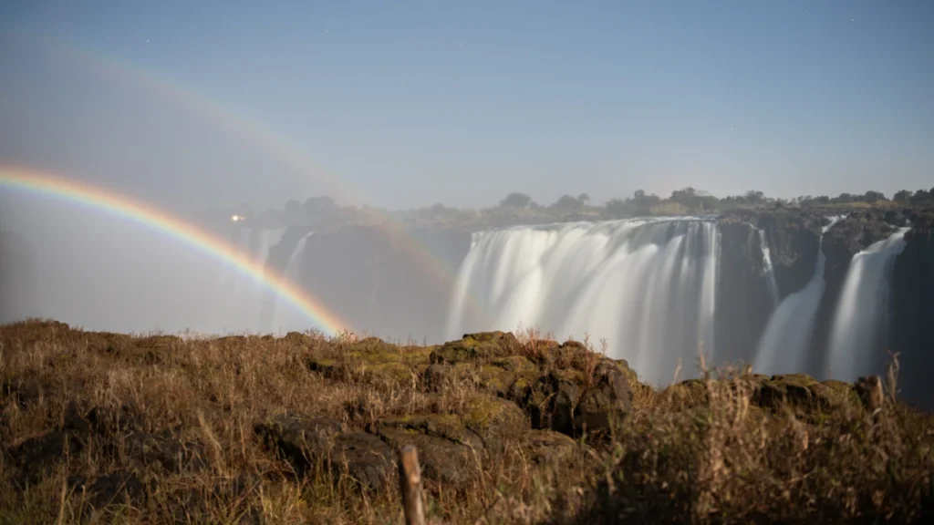 Long-exposure photograph of a moonbow at Victoria Falls taken during a guided tour