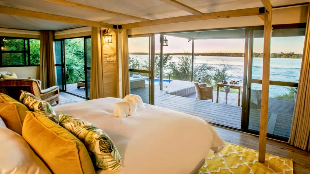 bedroom view overlooking the plunge pool and zambezi river