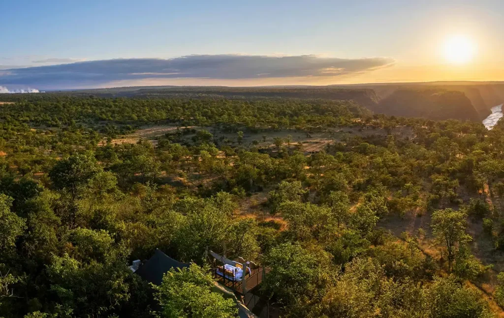 Aerial view of luxury safari lodge Victoria Falls Zimbabwe at sunrise