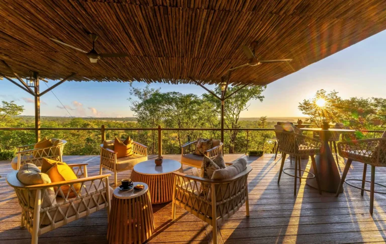 Luxury safari lodge main area at sunrise, Victoria Falls Zimbabwe
