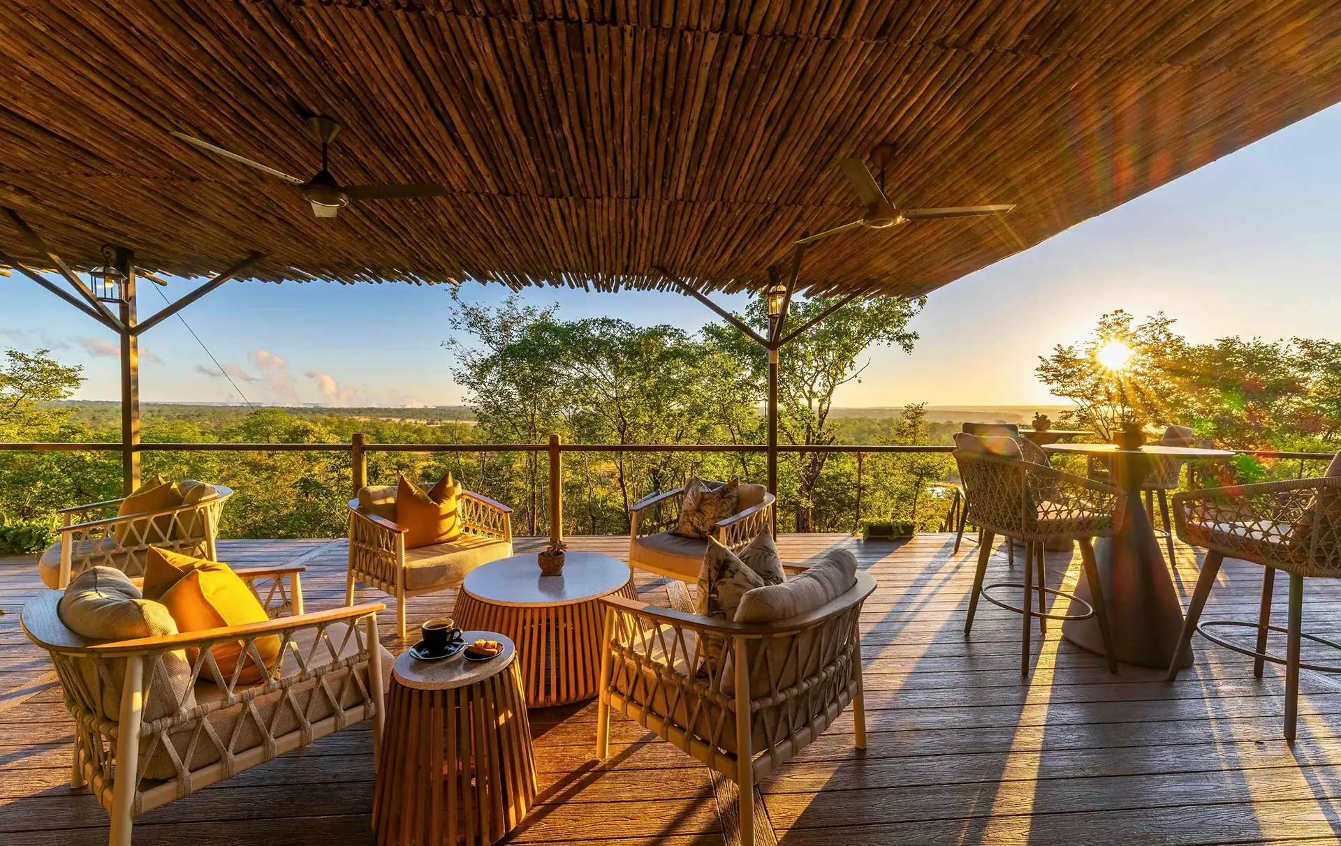 The Elephant Camp main deck overlooking the Batoka Gorge at sunset, Wild Horizons, Victoria Falls