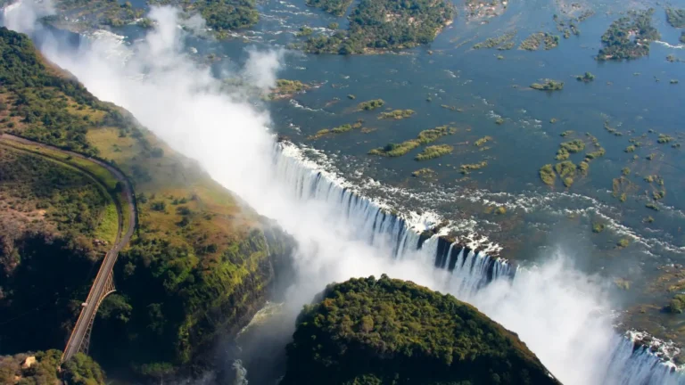 Aerial view of Victoria Falls in full flow, one of the best things to do in Victoria Falls