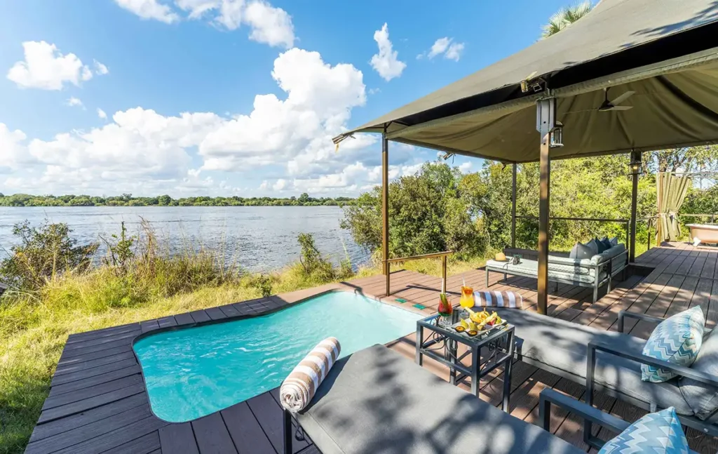 A Wild Horizons lodge deck overlooking the Zambezi River near Victoria Falls