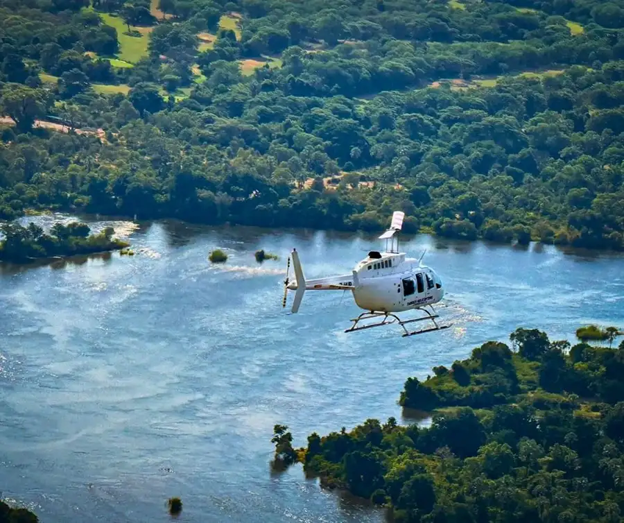 The Zambezi River and national park seen from above on the 25-minute Zambezi Spectacular helicopter flight