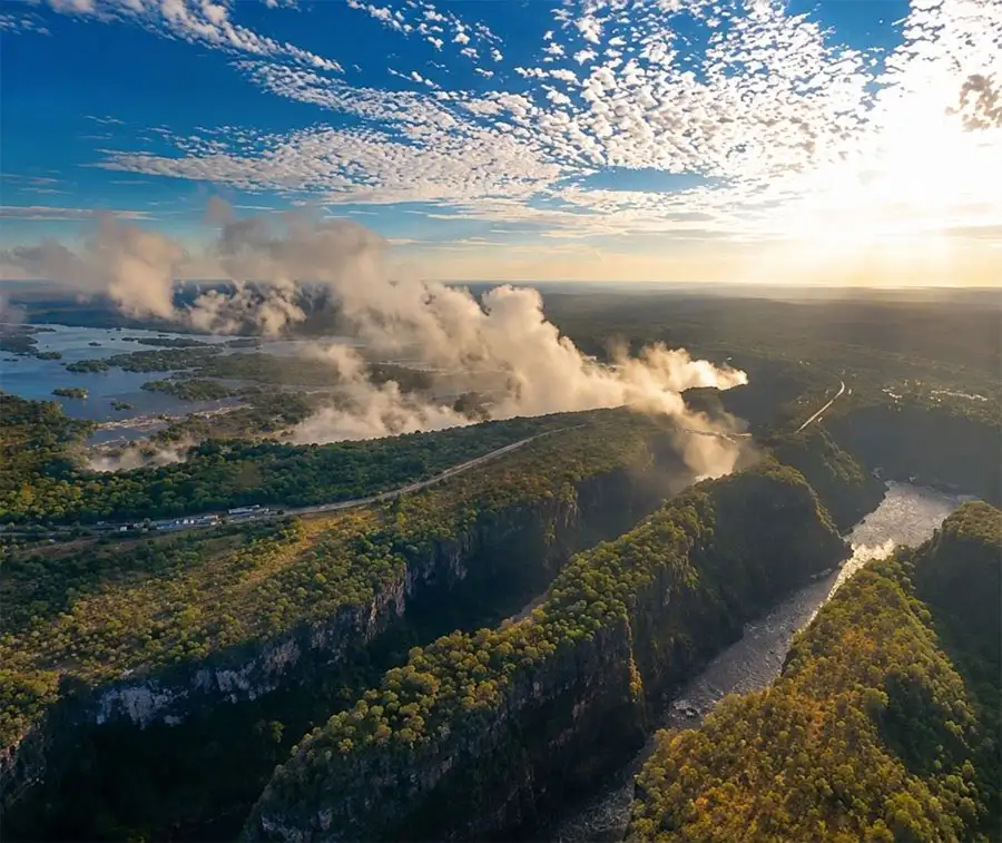 The full curtain of Victoria Falls seen from above on the 12-minute Flight of Angels