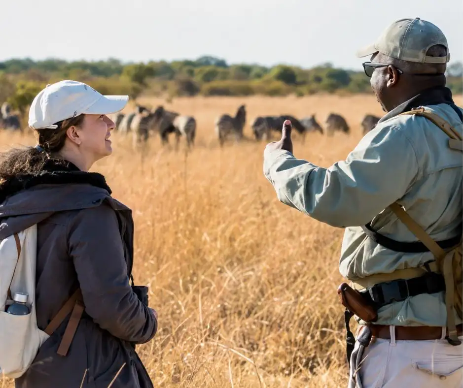 A guided walking safari in the Zambezi National Park with an Old Drift Lodge guide