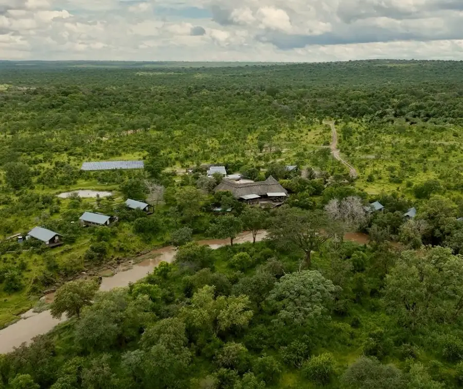 The Elephant Camp above the Batoka Gorge and The Wallow Lodge beside its waterhole near Victoria Falls