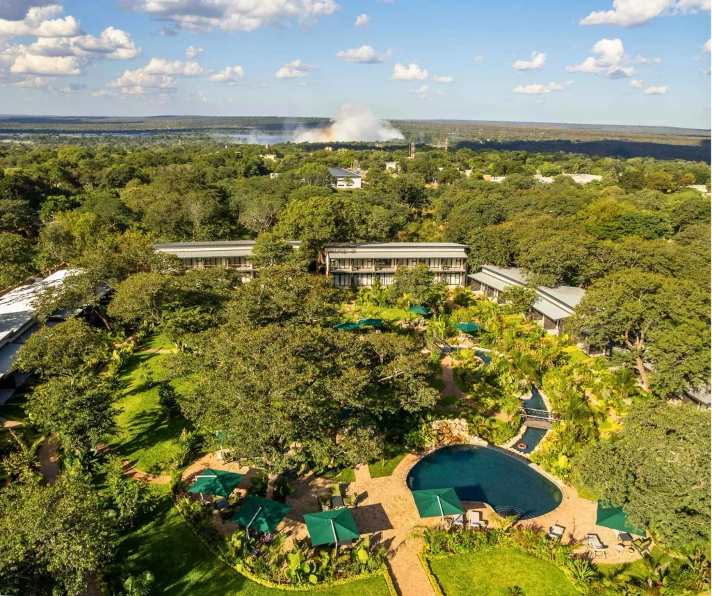 The Waterfalls Lodge Aerial View with the showcasing the surrounding areas and the proximity to the falls.
